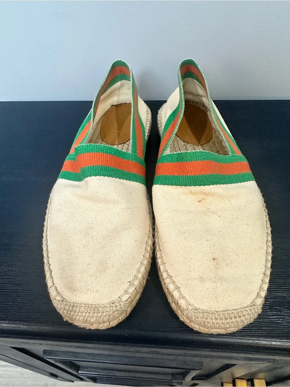 Gucci Beige Canvas Espadrilles with Green and Orange Stripes